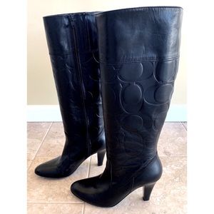 Wide Coach black leather logo heeled boots